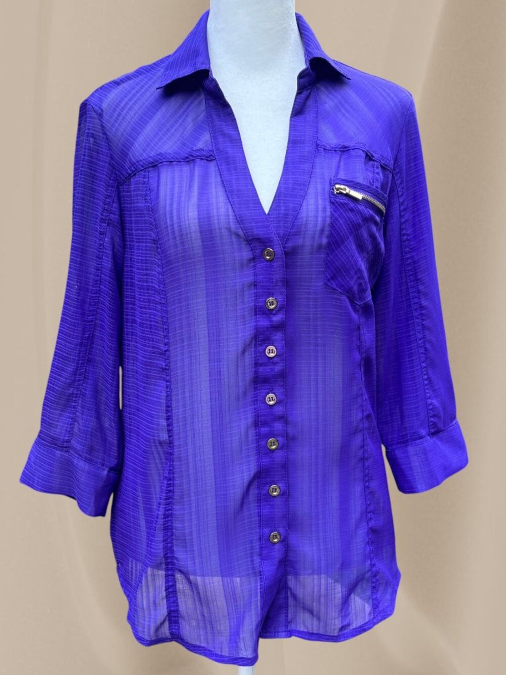 Bebe Sheer Button-up Collared Blouse Roll Tab Sleeves Career Casual (Small)